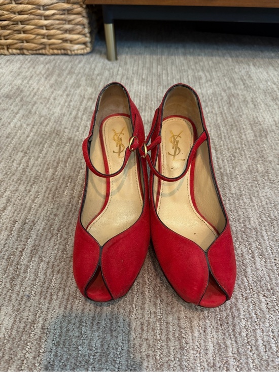 Saint Laurent Shoes - Saint Laurent Red Suede Mary Jane Peep-Toe Heels with Gold Buckle 37.5